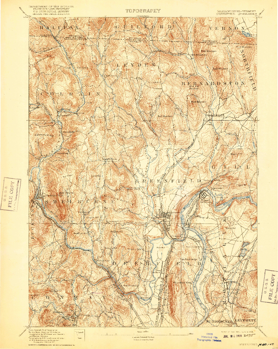 USGS 1:62500-SCALE QUADRANGLE FOR GREENFIELD, MA 1894