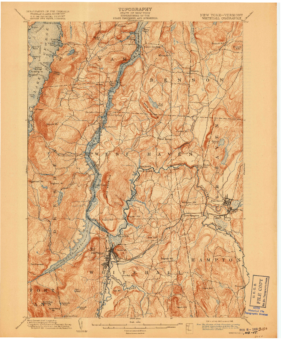 USGS 1:62500-SCALE QUADRANGLE FOR WHITEHALL, NY 1902