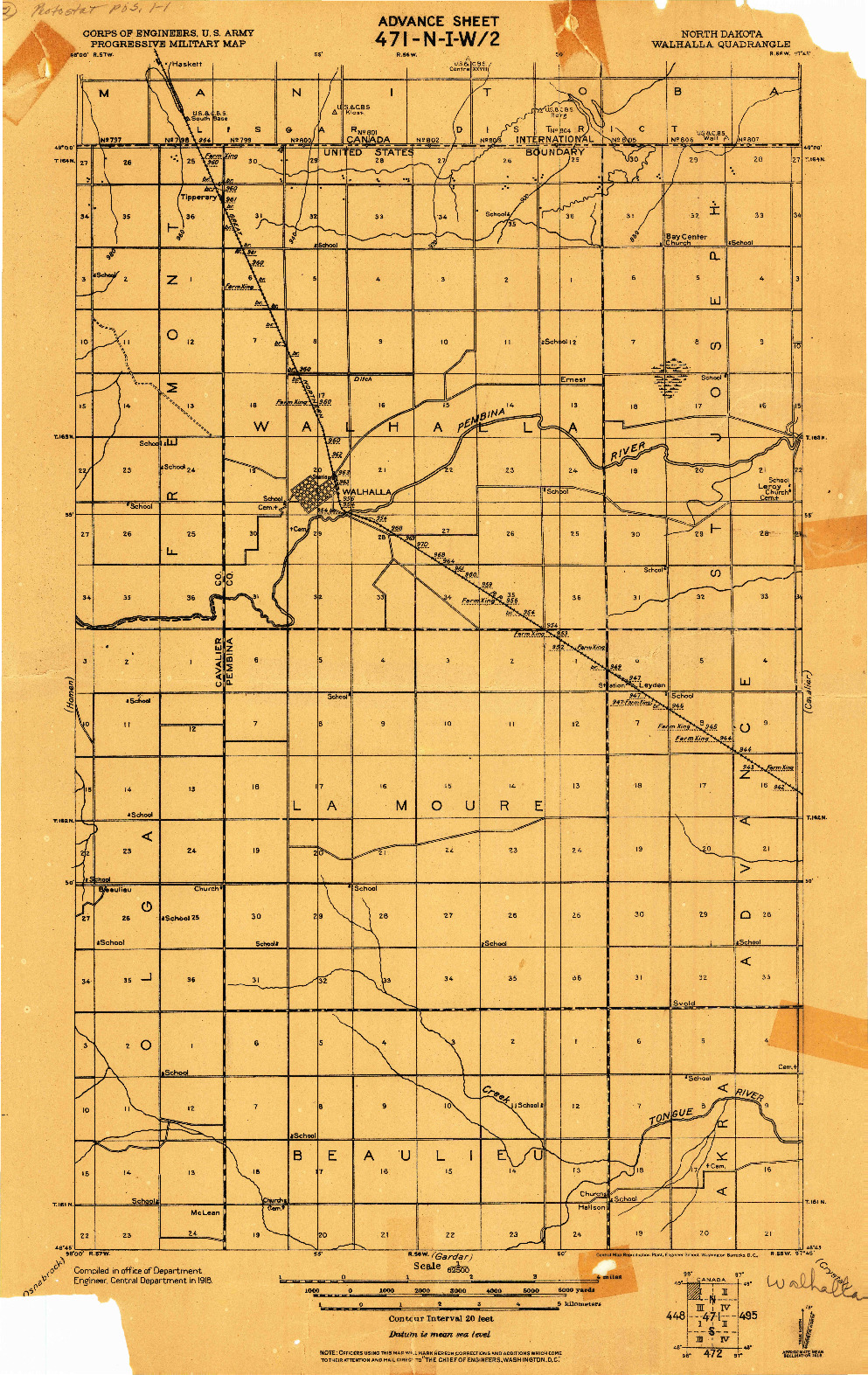 USGS 1:62500-SCALE QUADRANGLE FOR WALHALLA, ND 1918