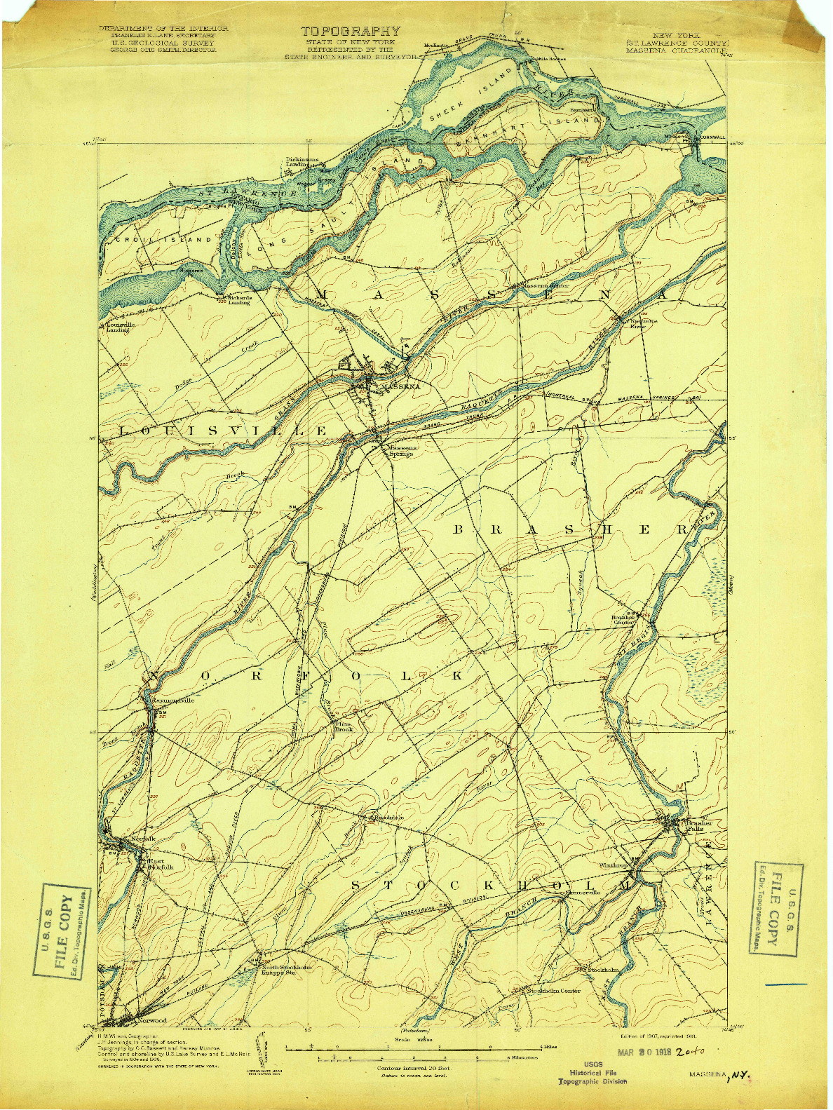 USGS 1:62500-SCALE QUADRANGLE FOR MASSENA, NY 1907