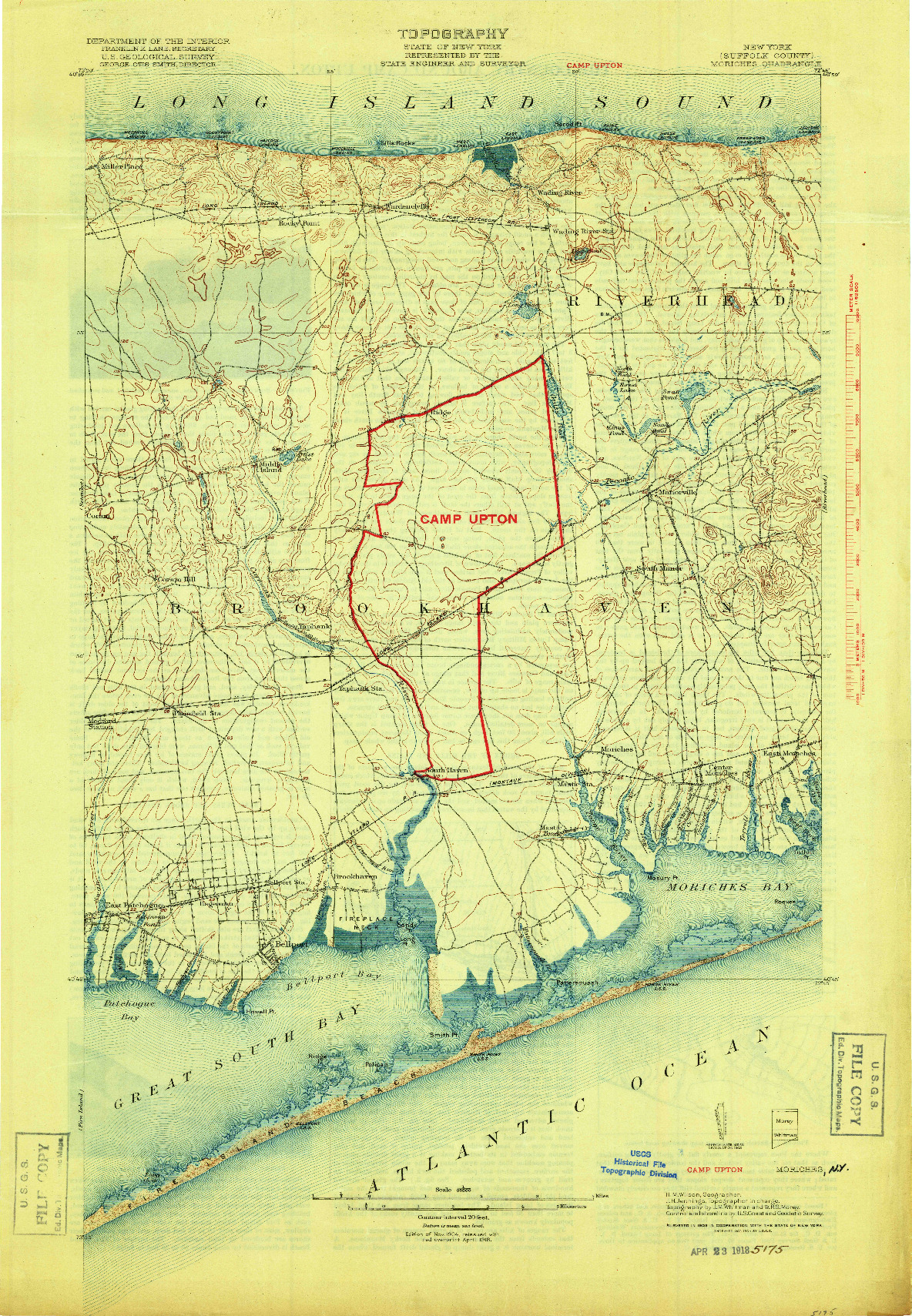 USGS 1:62500-SCALE QUADRANGLE FOR MORICHES, NY 1904