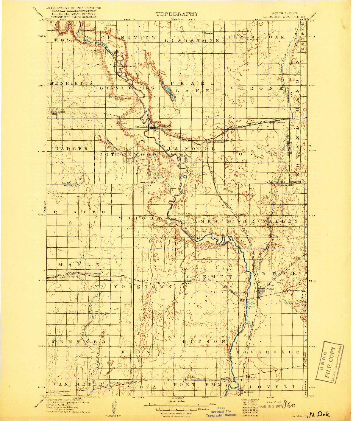 USGS 1:125000-SCALE QUADRANGLE FOR LA MOURE, ND 1918