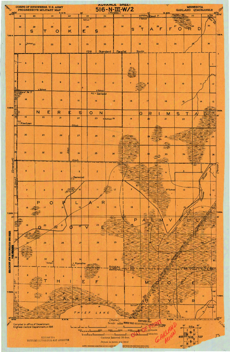 USGS 1:62500-SCALE QUADRANGLE FOR GARLAND, MN 1918