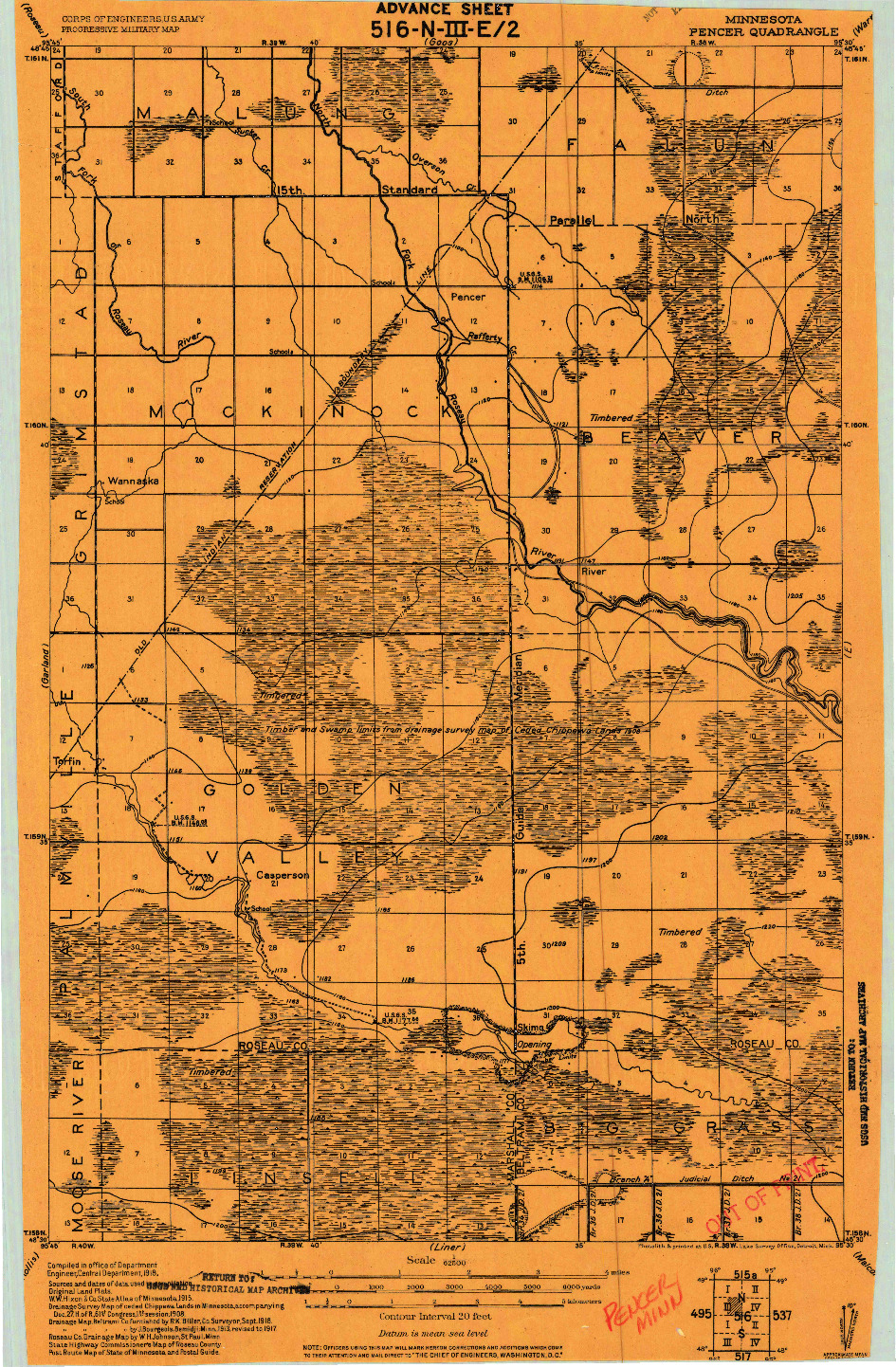 USGS 1:62500-SCALE QUADRANGLE FOR PENCER, MN 1918