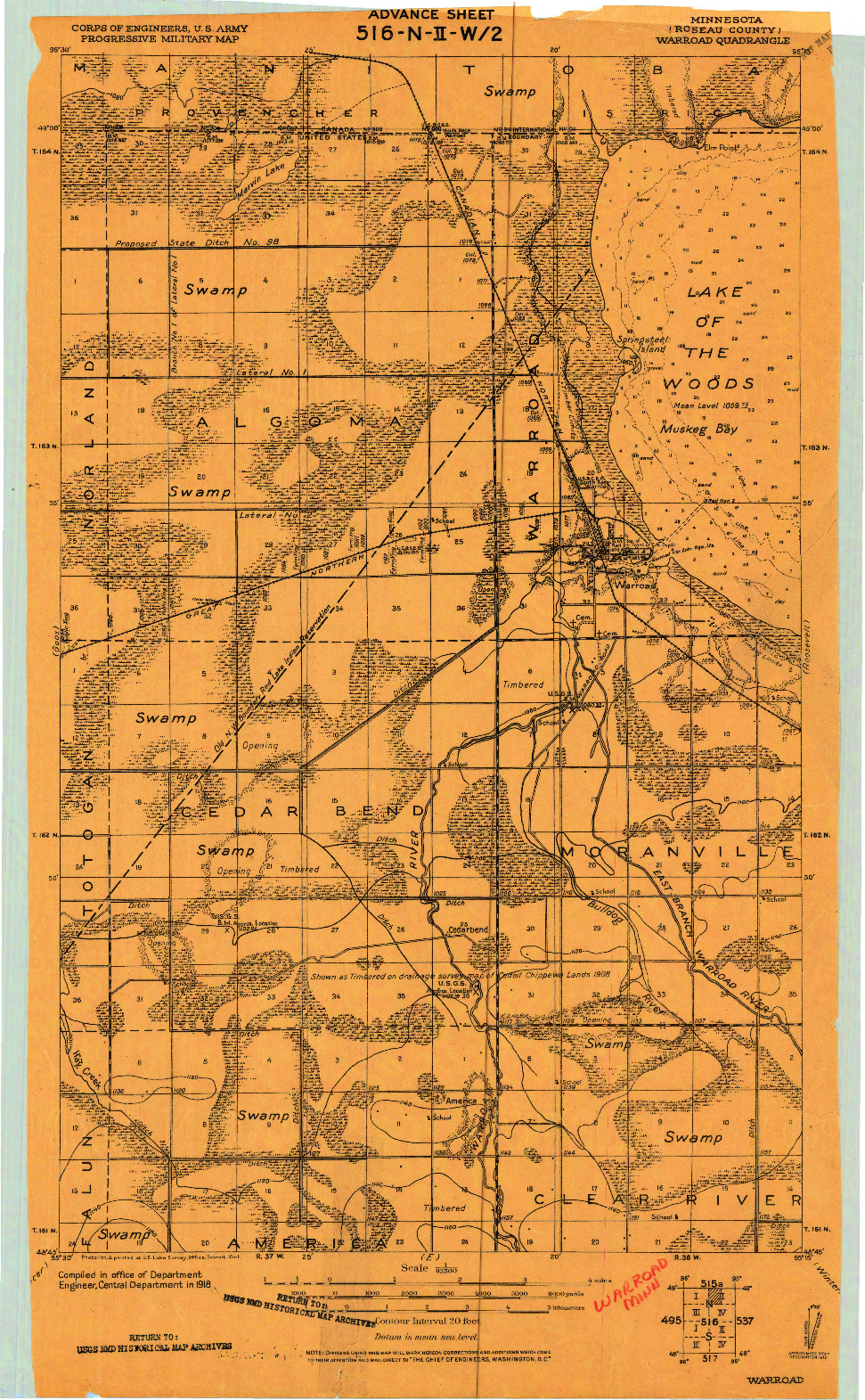 USGS 1:62500-SCALE QUADRANGLE FOR WARROAD, MN 1918