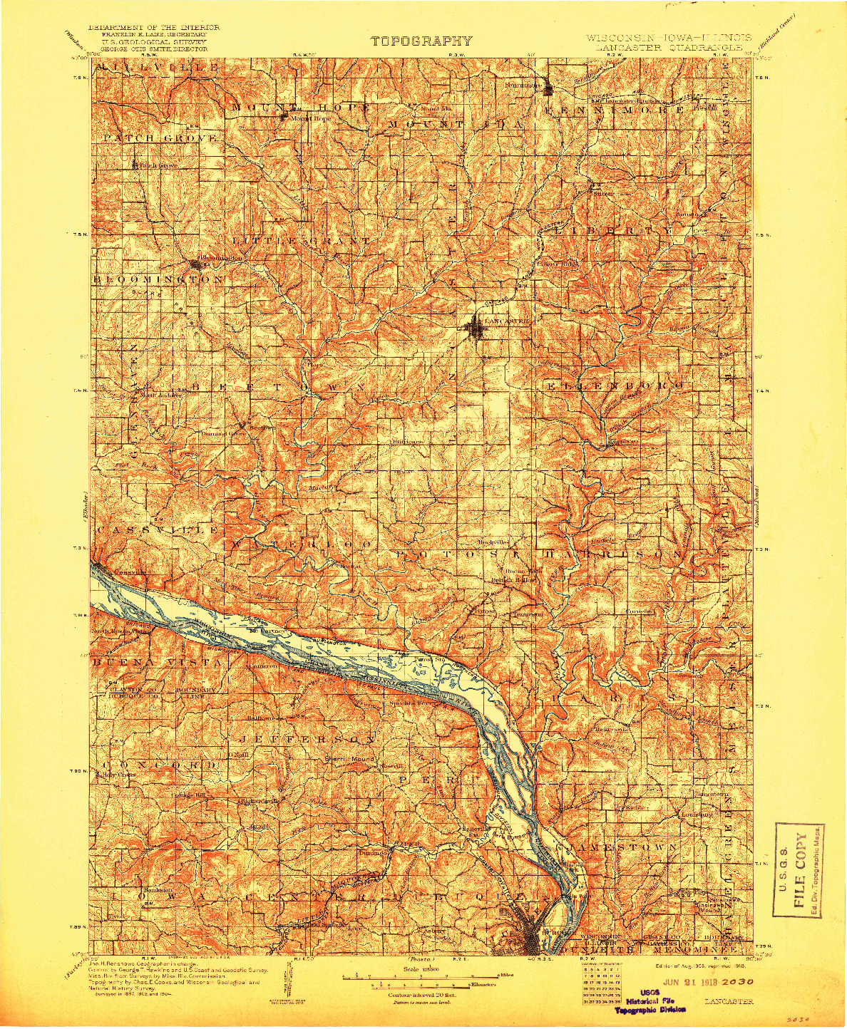 USGS 1:125000-SCALE QUADRANGLE FOR LANCASTER, WI 1908