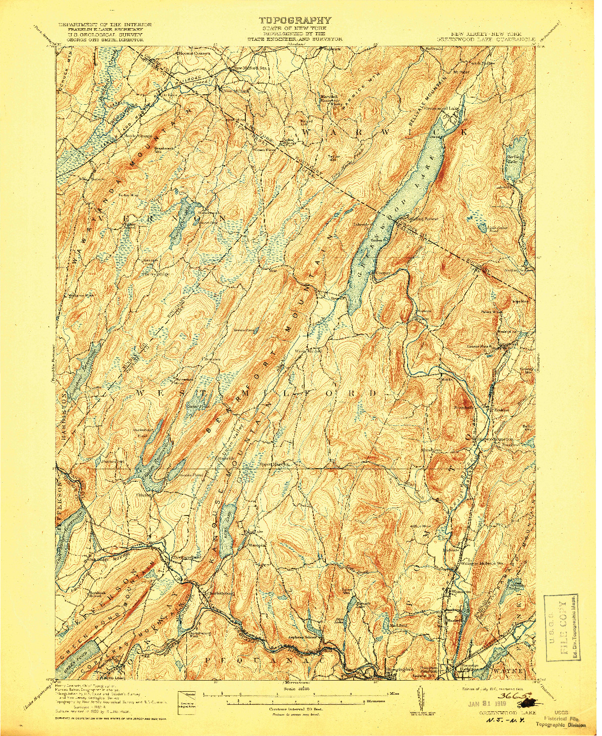 USGS 1:62500-SCALE QUADRANGLE FOR GREENWOOD LAKE, NJ 1910