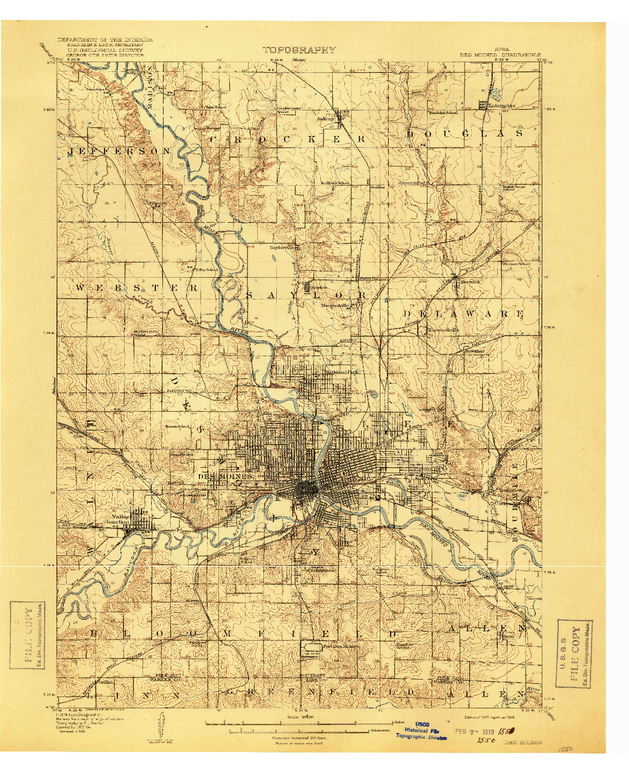 USGS 1:62500-SCALE QUADRANGLE FOR DES MOINES, IA 1907