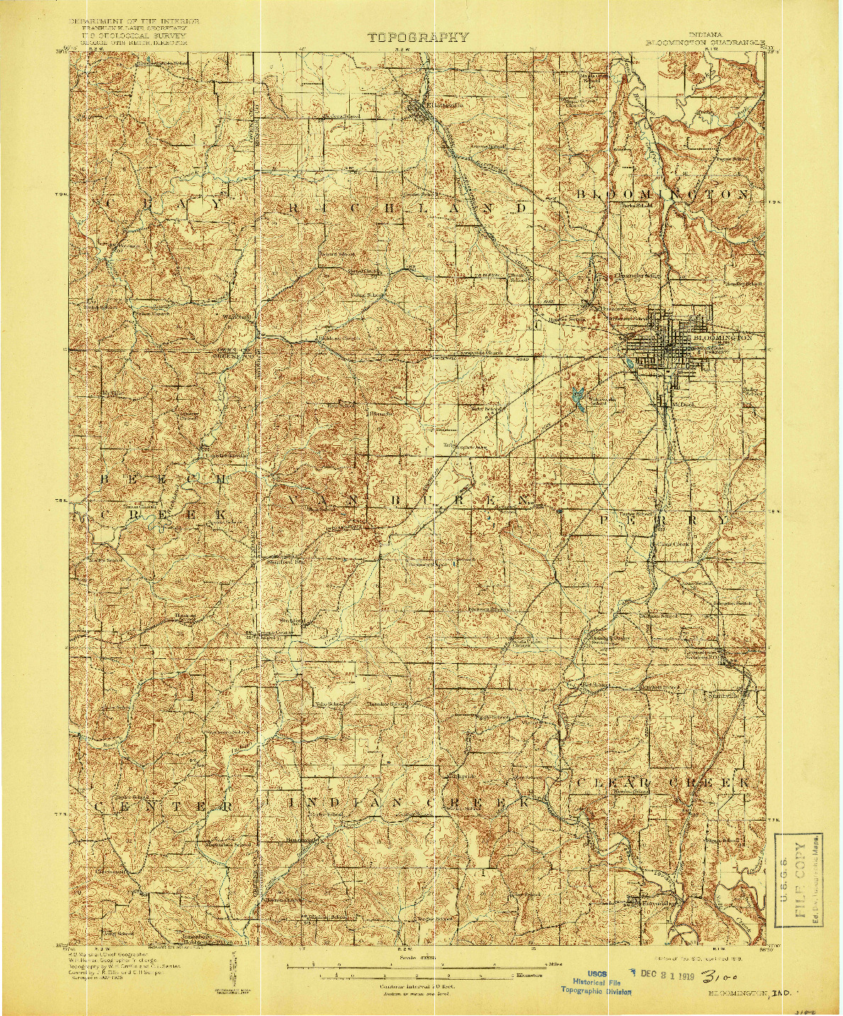 USGS 1:62500-SCALE QUADRANGLE FOR BLOOMINGTON, IN 1910