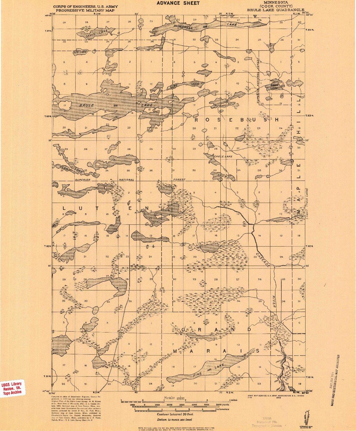 USGS 1:62500-SCALE QUADRANGLE FOR BRULE LAKE, MN 1919