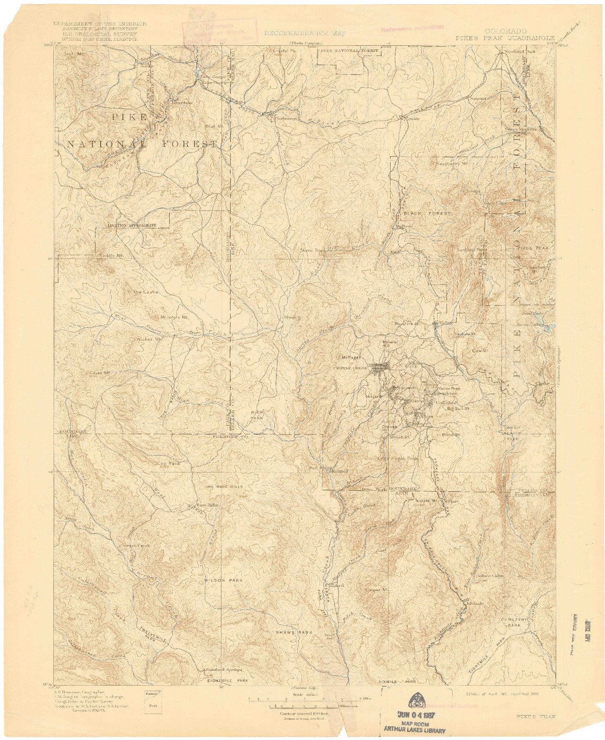 USGS 1:125000-SCALE QUADRANGLE FOR PIKES PEAK, CO 1901