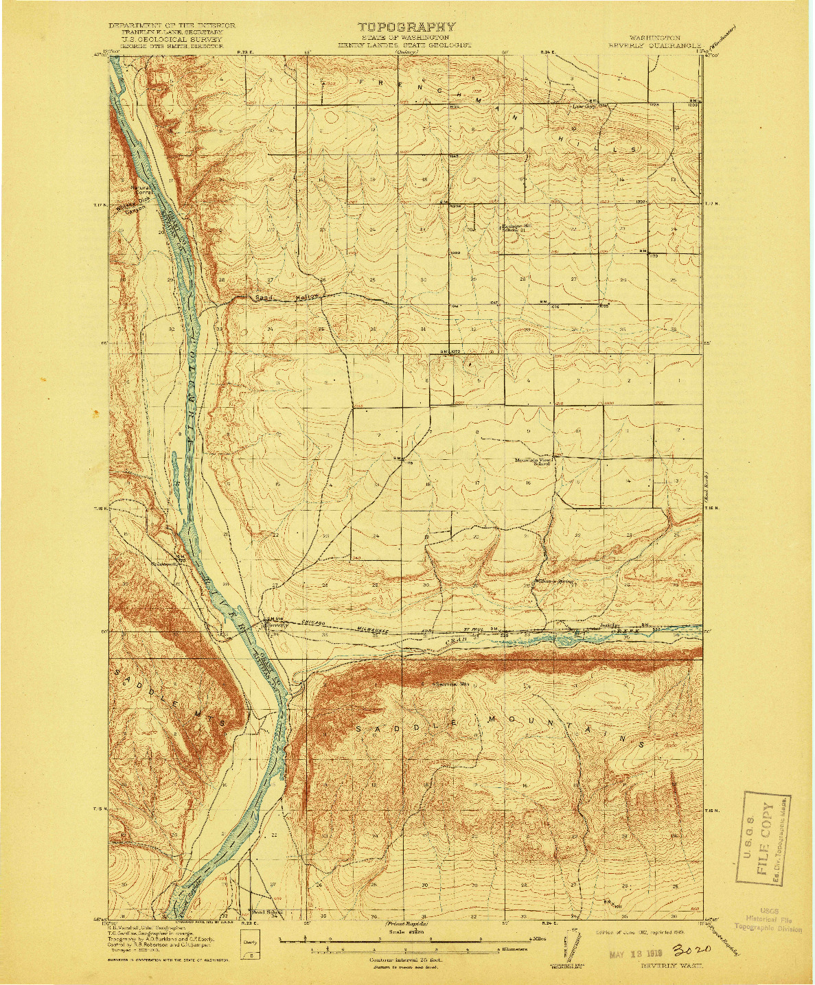 USGS 1:62500-SCALE QUADRANGLE FOR BEVERLY, WA 1912