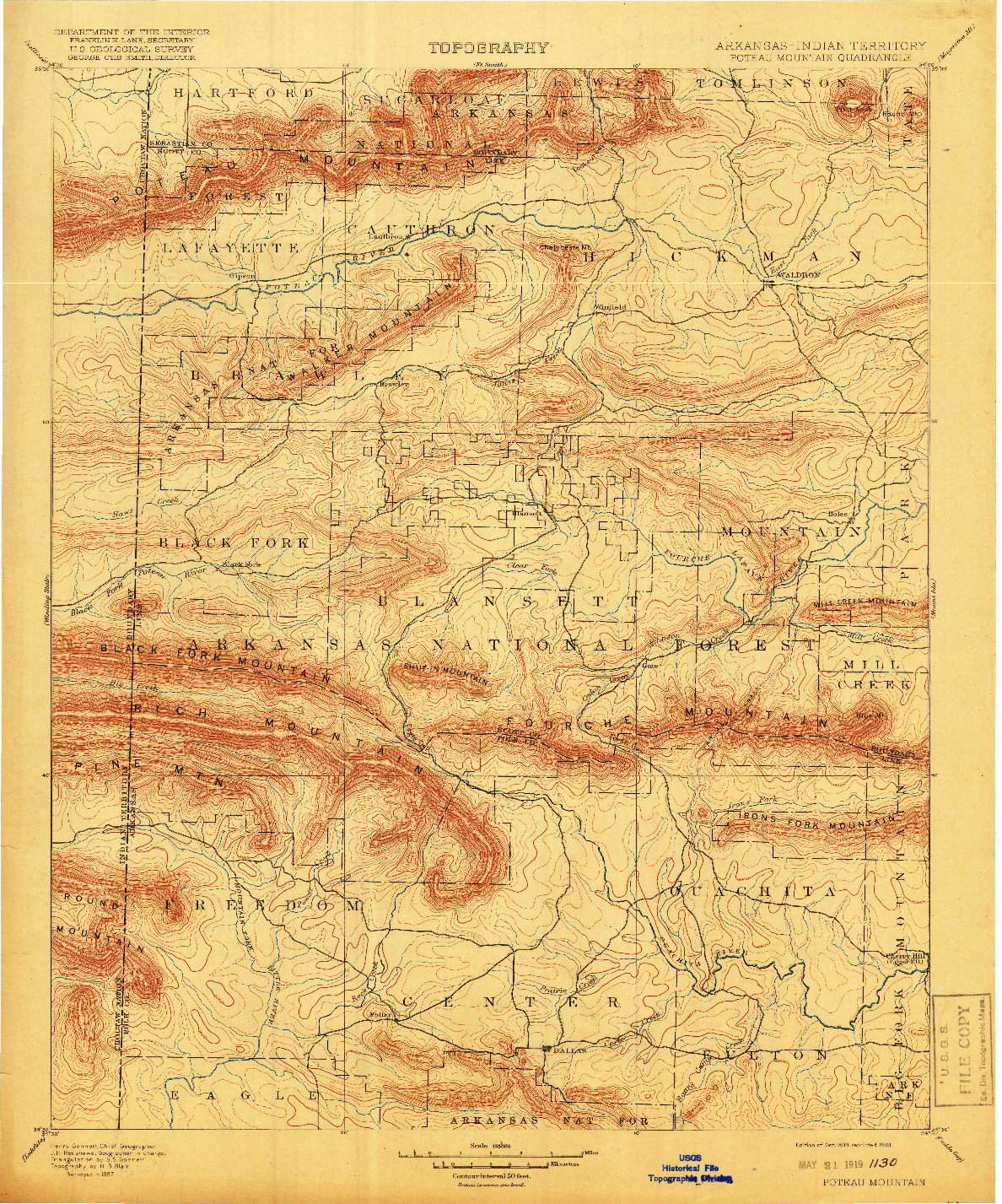 USGS 1:125000-SCALE QUADRANGLE FOR POTEAU MOUNTAIN, AR 1899