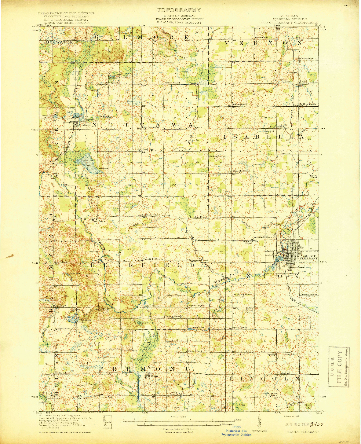 USGS 1:62500-SCALE QUADRANGLE FOR MOUNT PLEASANT, MI 1919