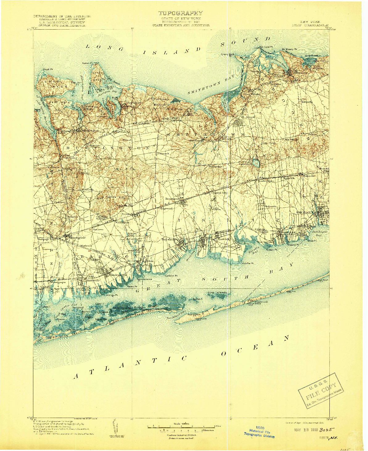 USGS 1:125000-SCALE QUADRANGLE FOR ISLIP, NY 1904
