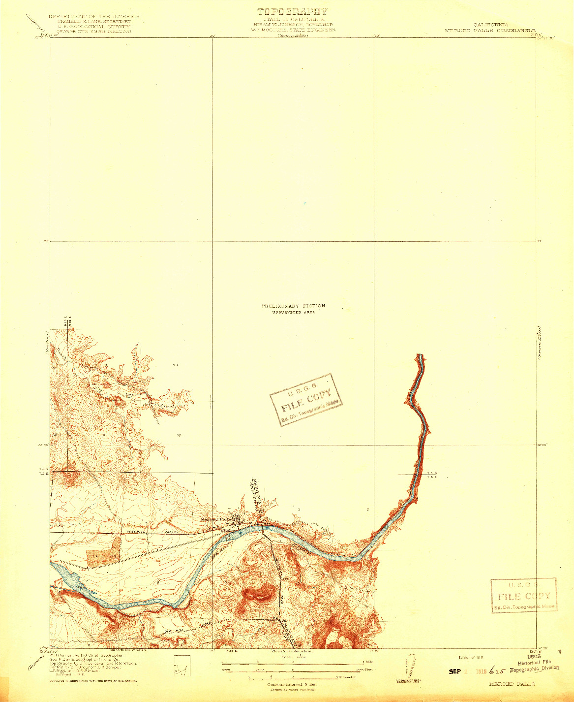 USGS 1:31680-SCALE QUADRANGLE FOR MERCED FALLS, CA 1919