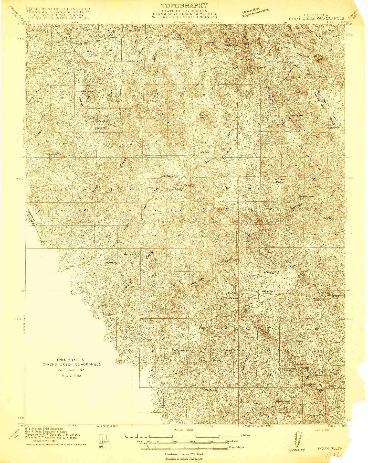 USGS 1:48000-SCALE QUADRANGLE FOR INDIAN GULCH, CA 1919