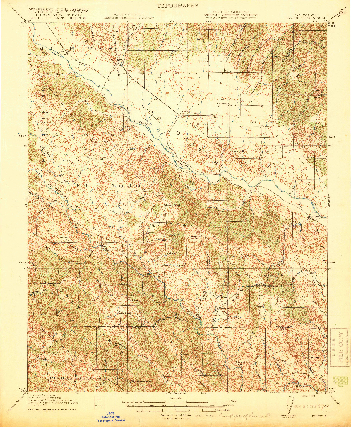 USGS 1:62500-SCALE QUADRANGLE FOR BRYSON, CA 1919