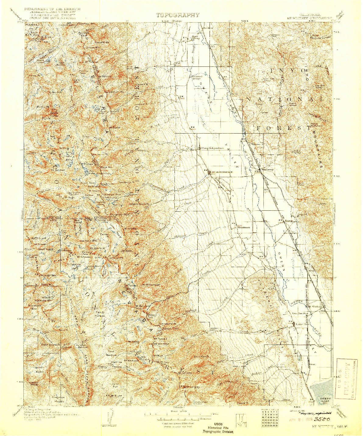 USGS 1:125000-SCALE QUADRANGLE FOR MT. WHITNEY, CA 1919