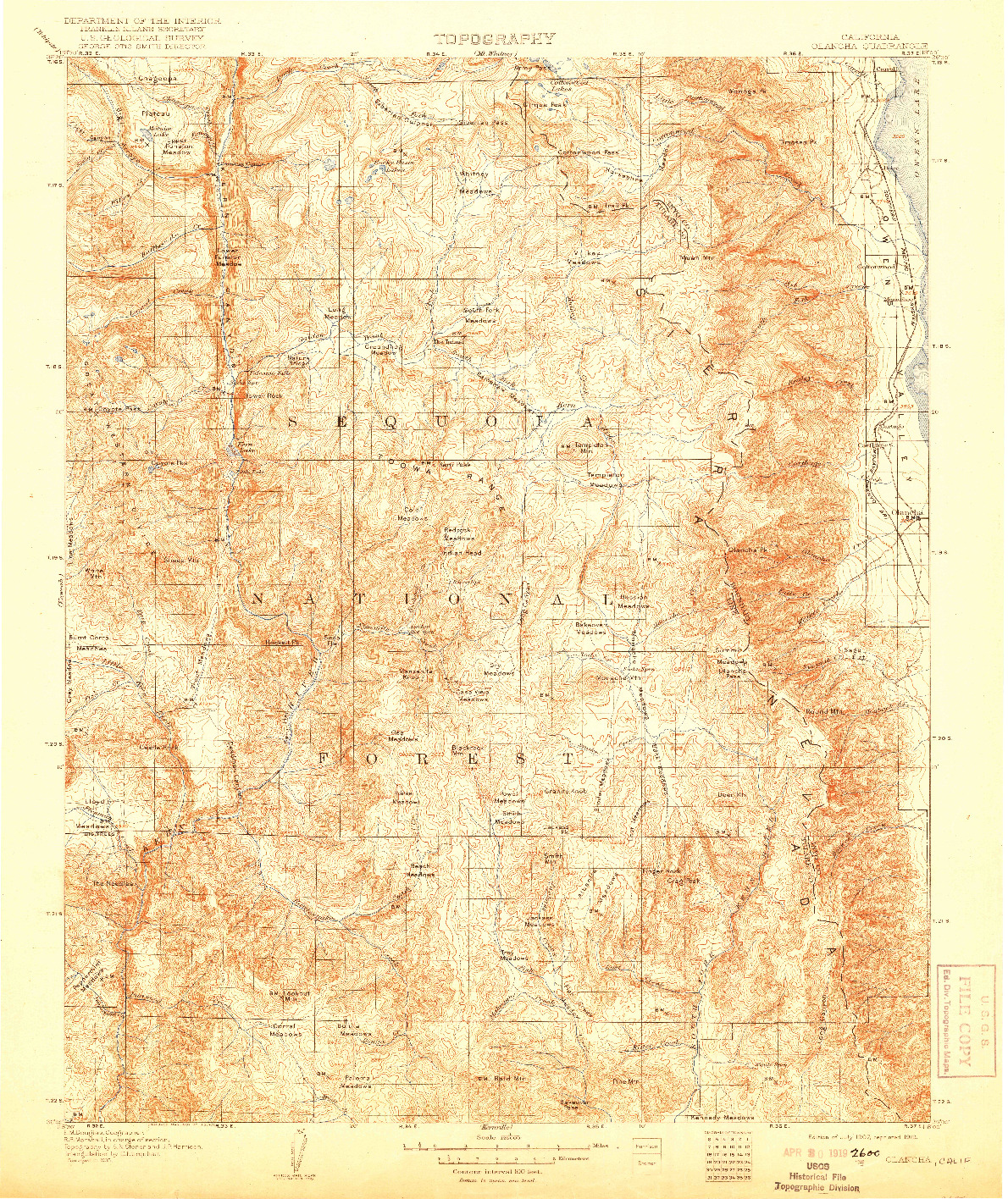 USGS 1:125000-SCALE QUADRANGLE FOR OLANCHA, CA 1907