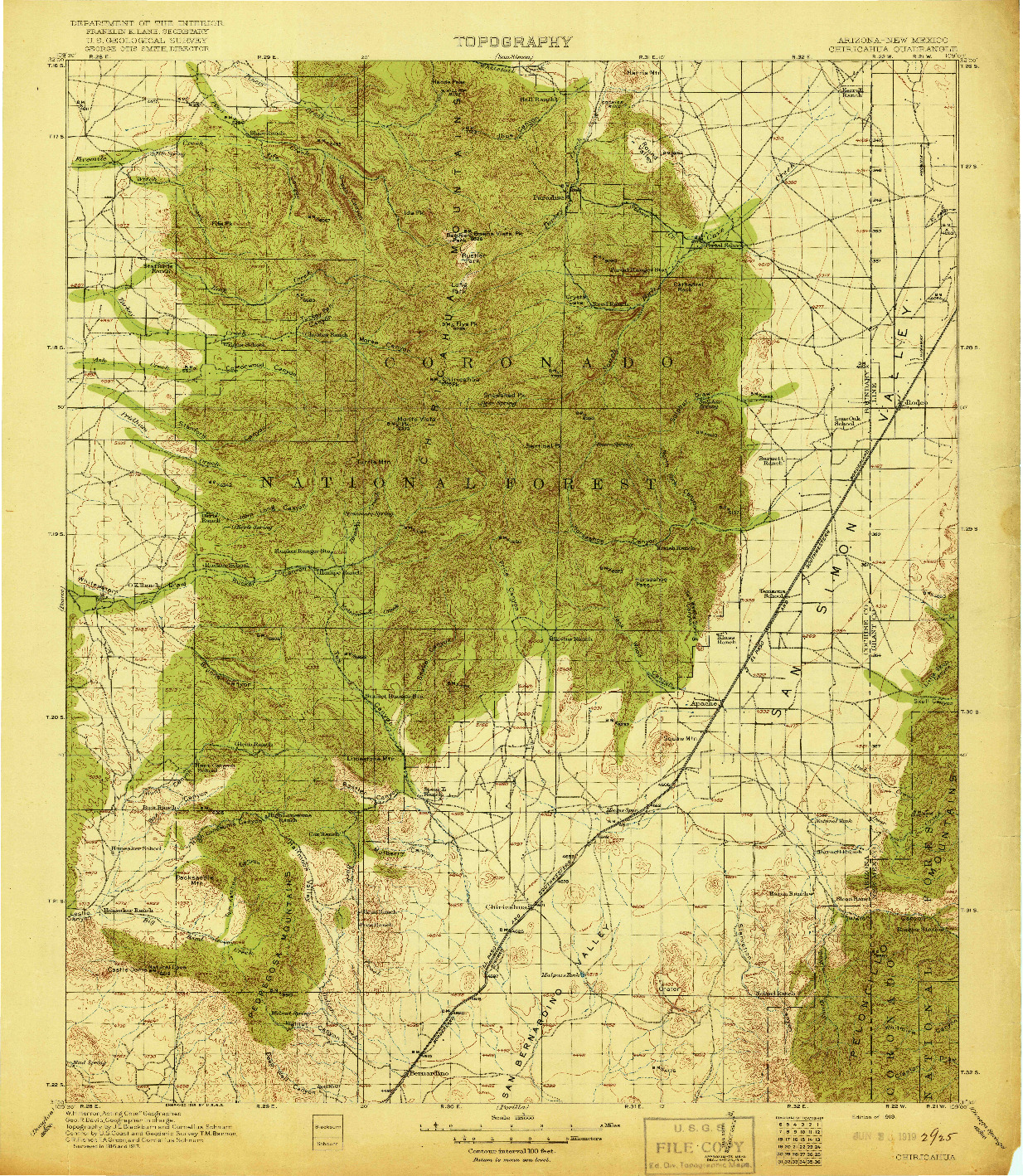 USGS 1:125000-SCALE QUADRANGLE FOR CHIRICAHUA, AZ 1919