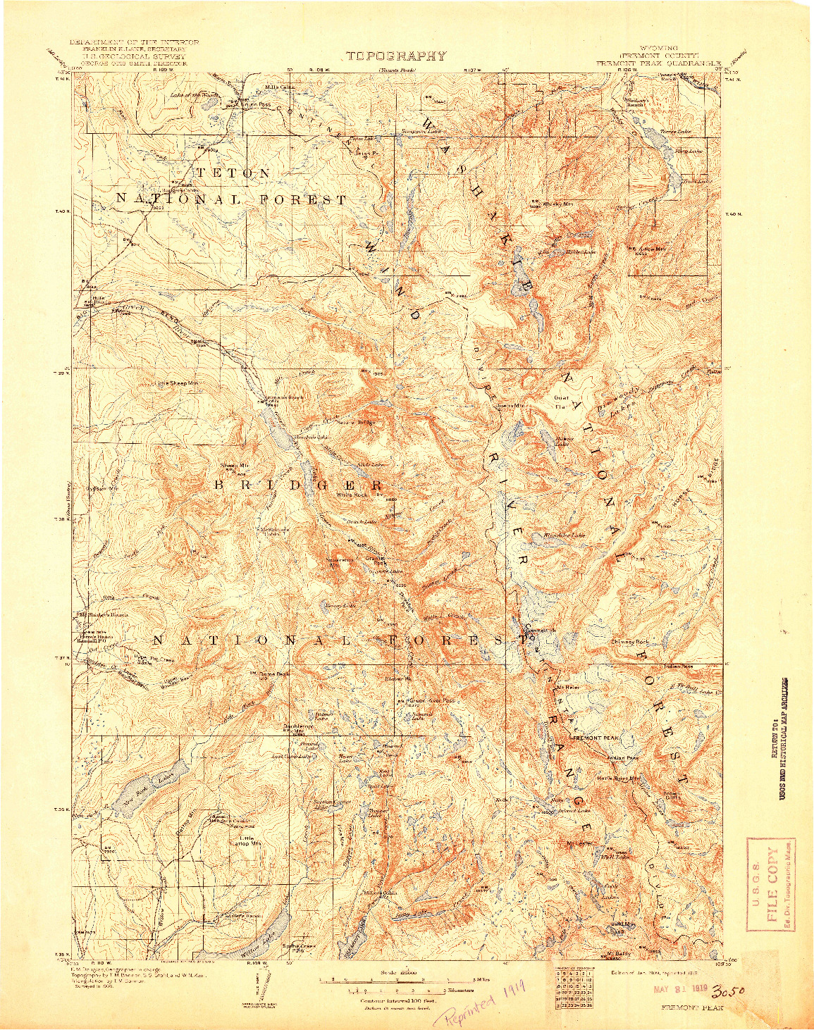 USGS 1:125000-SCALE QUADRANGLE FOR FREMONT PEAK, WY 1909