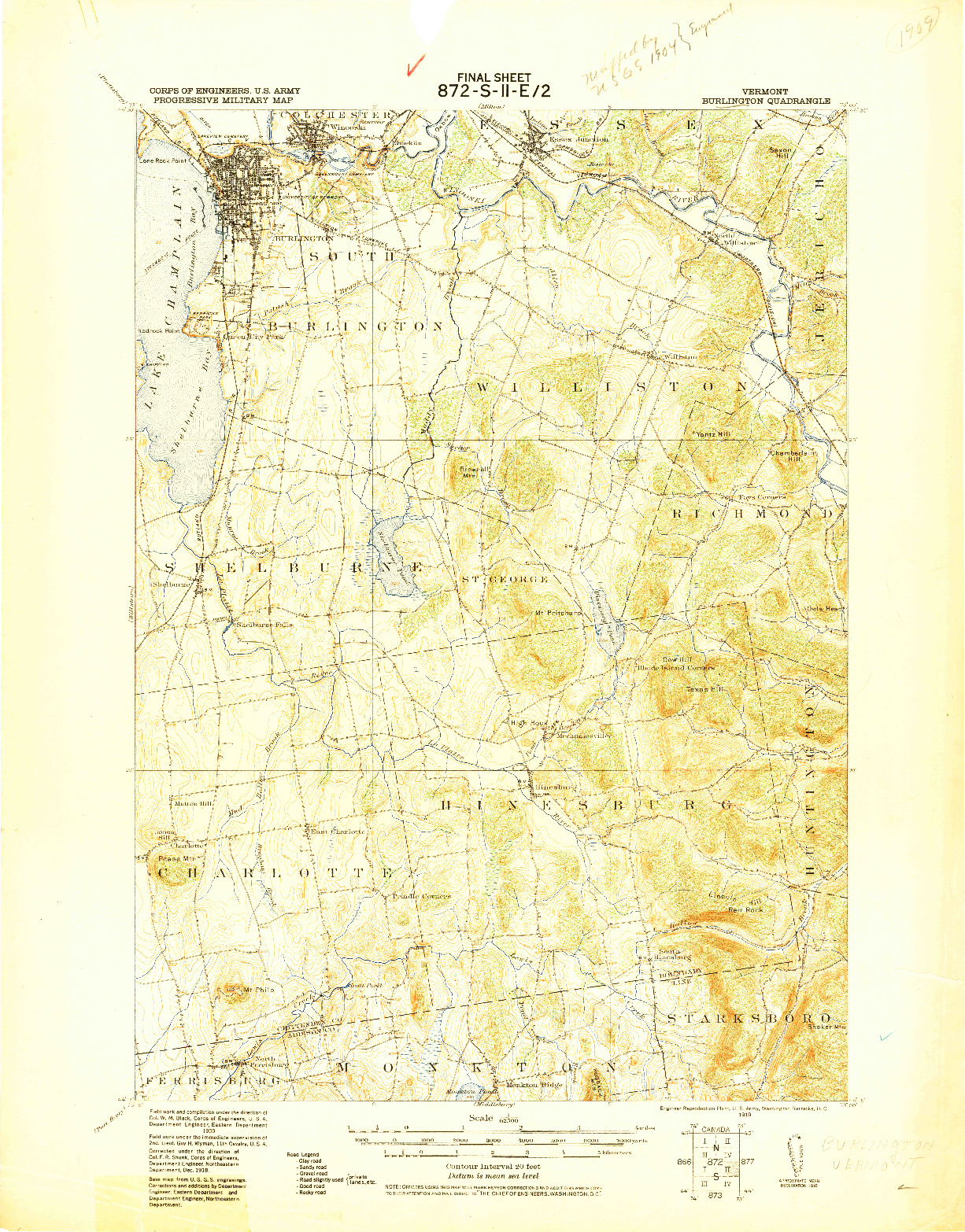 USGS 1:62500-SCALE QUADRANGLE FOR BURLINGTON, VT 1919