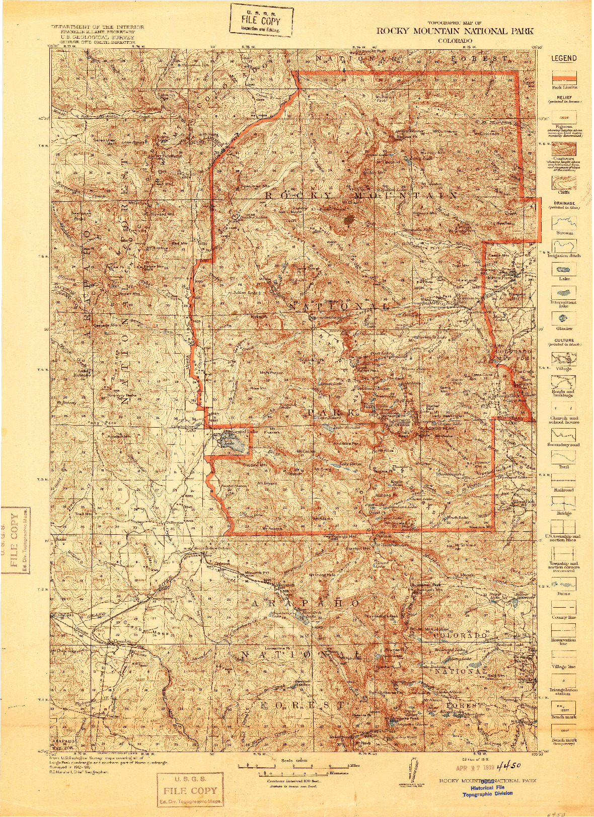 USGS 1:125000-SCALE QUADRANGLE FOR ROCKY MOUNTAIN NATIONAL PARK, CO 1919