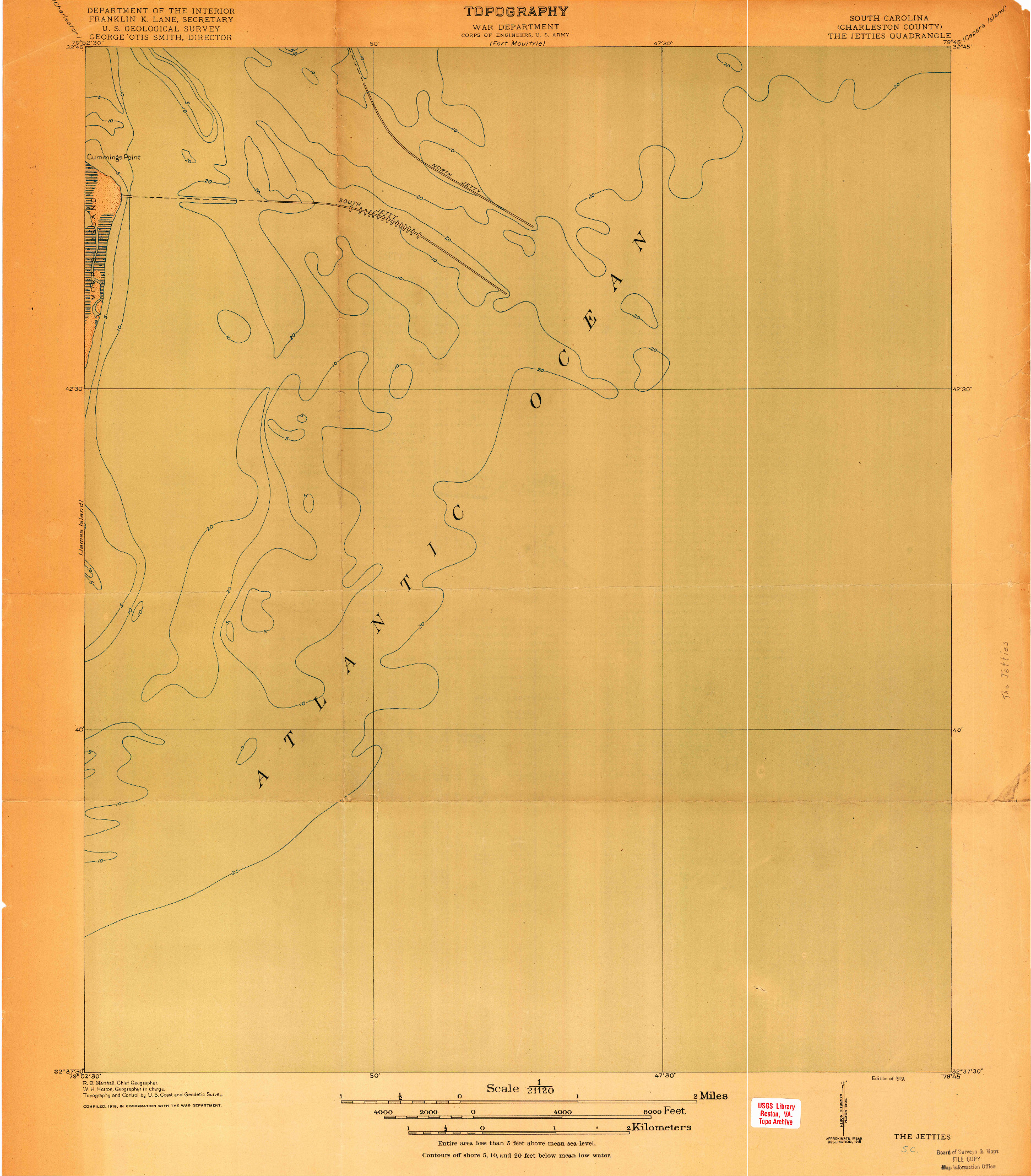 USGS 1:21120-SCALE QUADRANGLE FOR THE JETTIES, SC 1919