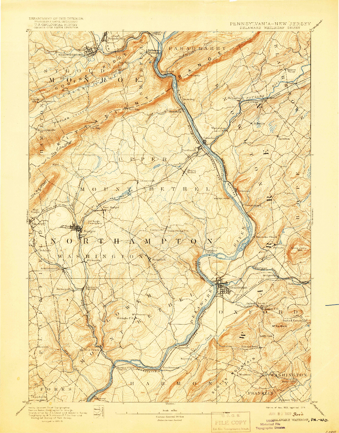 USGS 1:62500-SCALE QUADRANGLE FOR DELAWARE WATERGAP, PA 1893