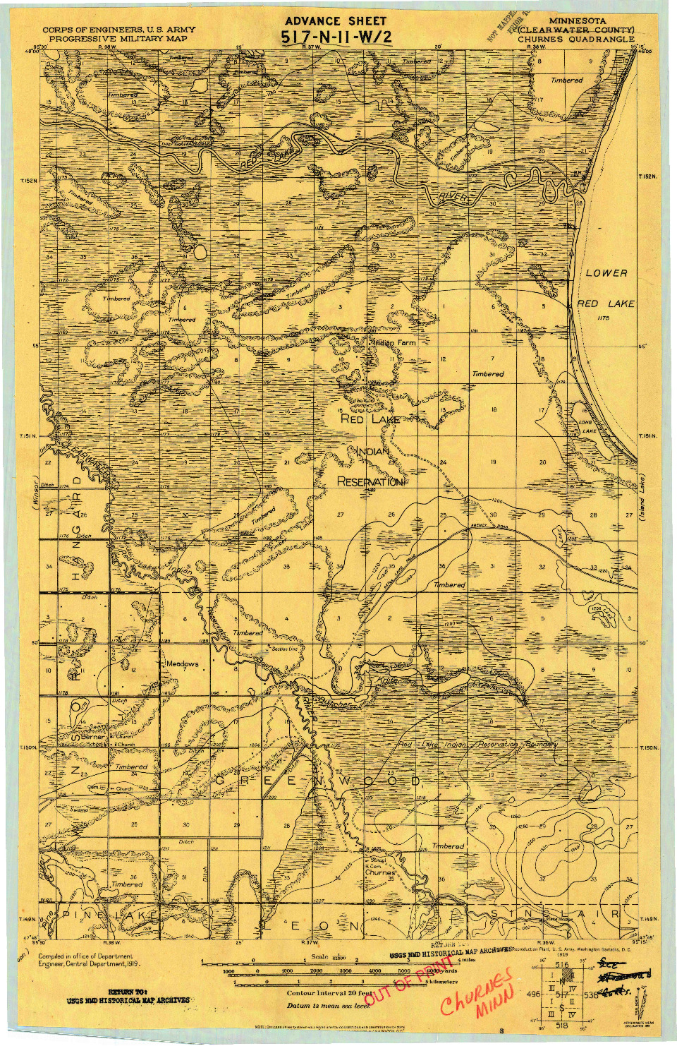 USGS 1:62500-SCALE QUADRANGLE FOR CHURNES, MN 1919