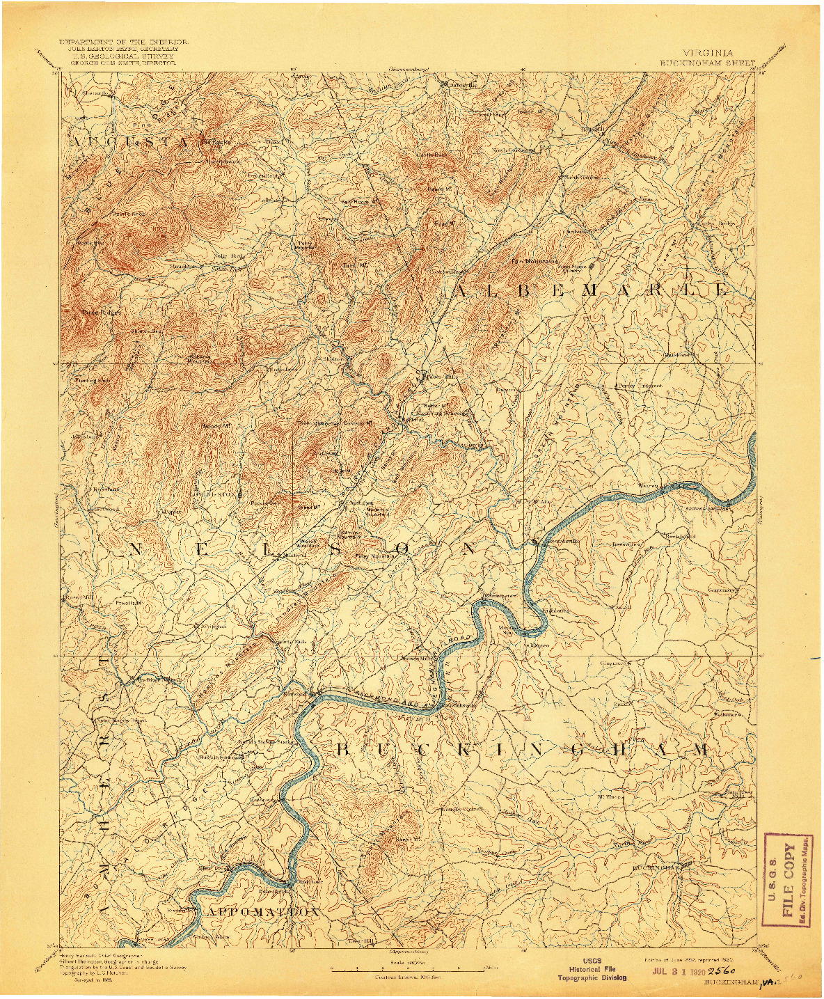 USGS 1:125000-SCALE QUADRANGLE FOR BUCKINGHAM, VA 1892