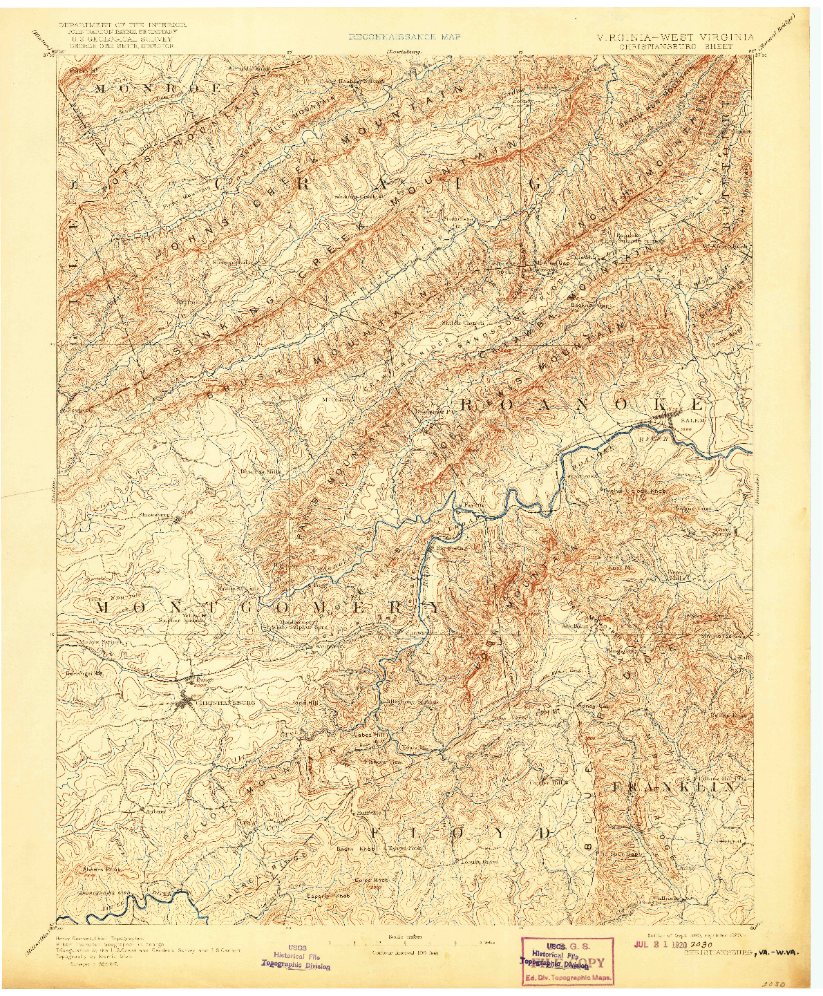 USGS 1:125000-SCALE QUADRANGLE FOR CHRISTIANSBURG, VA 1890