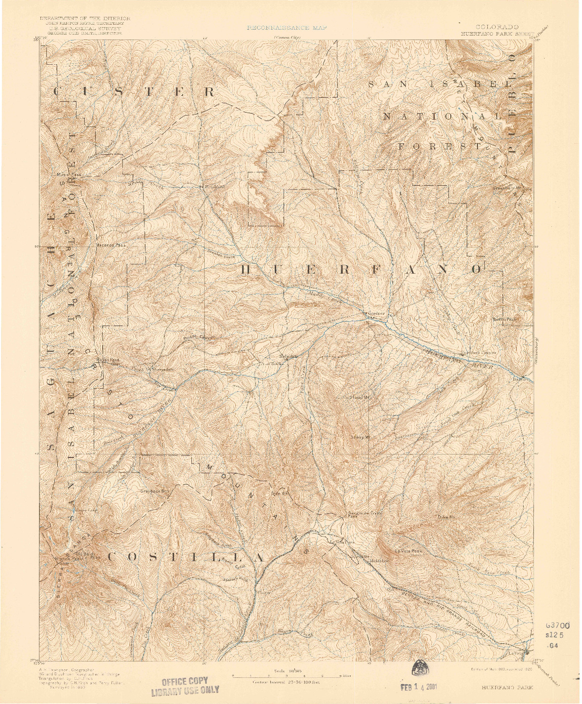 USGS 1:125000-SCALE QUADRANGLE FOR HUERFANO PARK, CO 1892