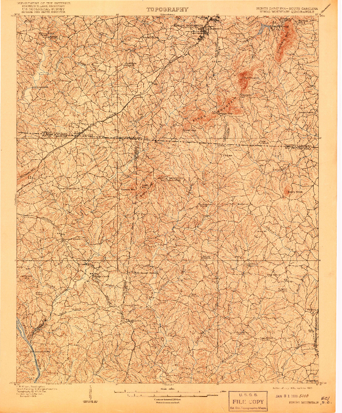 USGS 1:62500-SCALE QUADRANGLE FOR KINGS MOUNTAIN, SC 1908