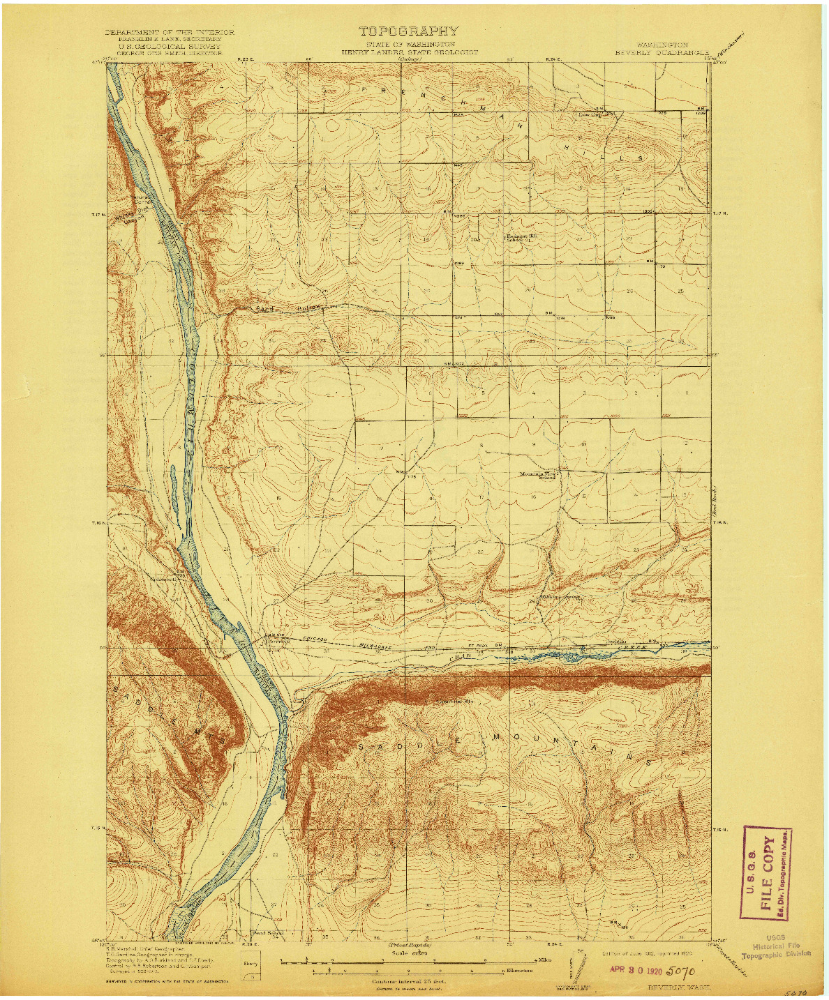 USGS 1:62500-SCALE QUADRANGLE FOR BEVERLY, WA 1912