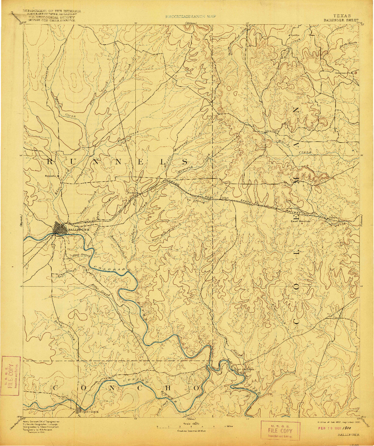 USGS 1:125000-SCALE QUADRANGLE FOR BALLINGER, TX 1892