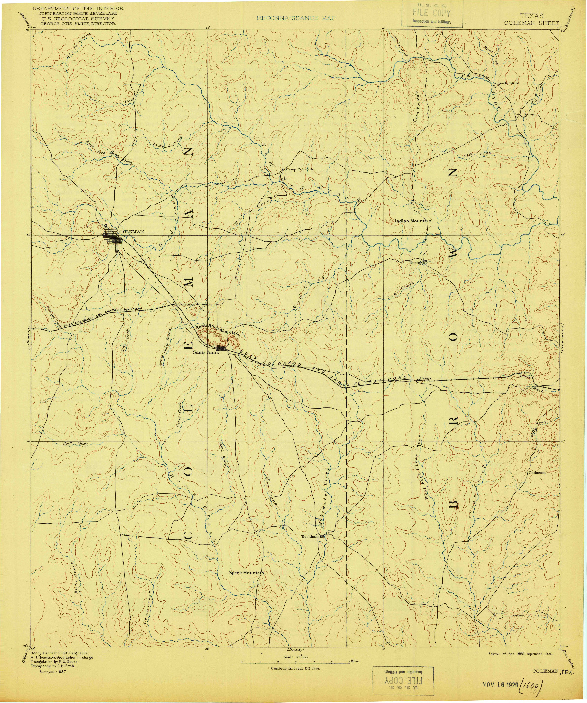 USGS 1:125000-SCALE QUADRANGLE FOR COLEMAN, TX 1889