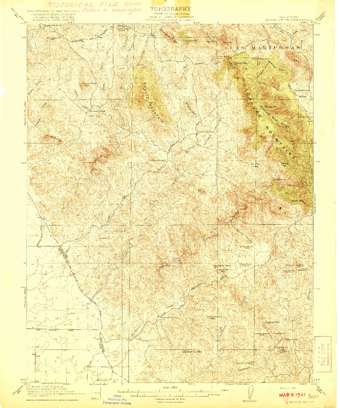 USGS 1:62500-SCALE QUADRANGLE FOR INDIAN GULCH, CA 1920