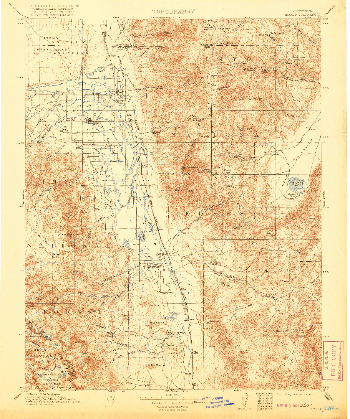 USGS 1:125000-SCALE QUADRANGLE FOR BISHOP, CA 1913