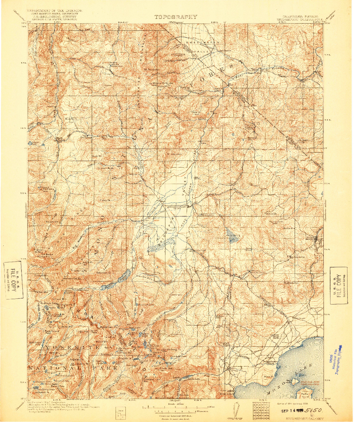 USGS 1:125000-SCALE QUADRANGLE FOR BRIDGEPORT, CA 1920