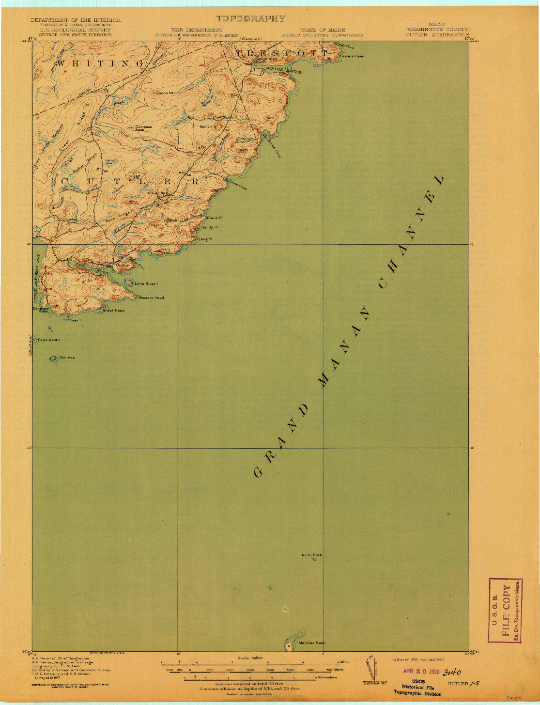 USGS 1:62500-SCALE QUADRANGLE FOR CUTLER, ME 1918