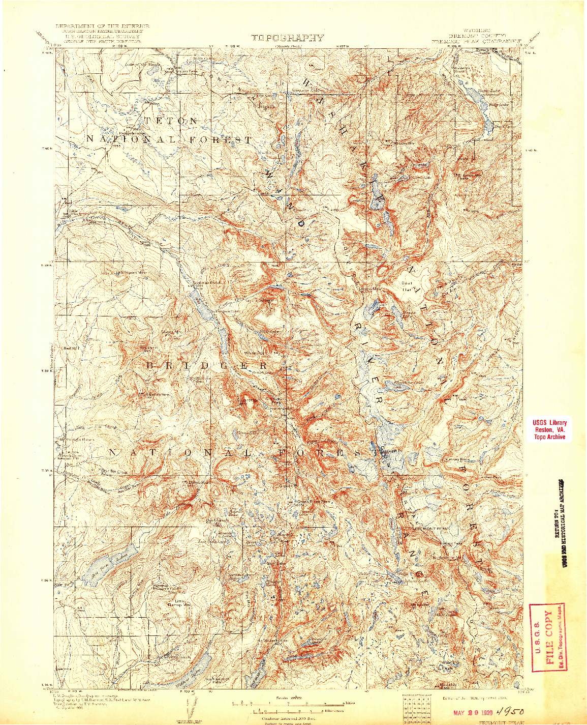 USGS 1:125000-SCALE QUADRANGLE FOR FREMONT PEAK, WY 1909