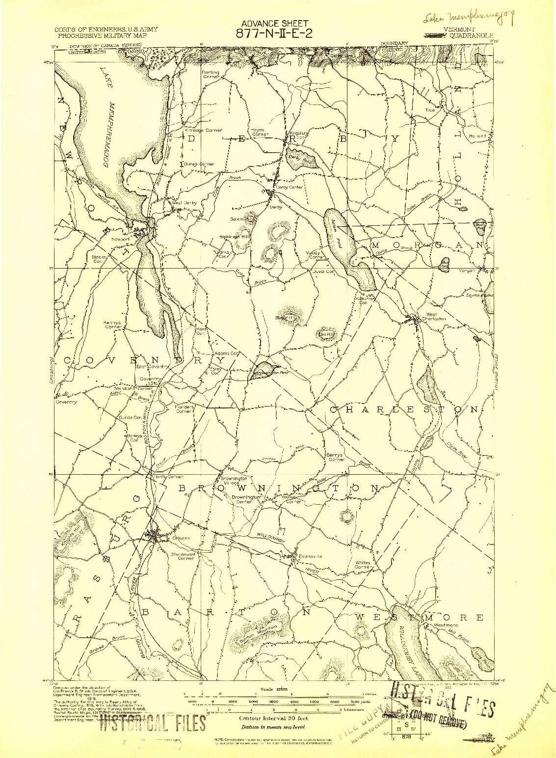 USGS 1:62500-SCALE QUADRANGLE FOR LAKE MEMPHREMAGOG, VT 1919