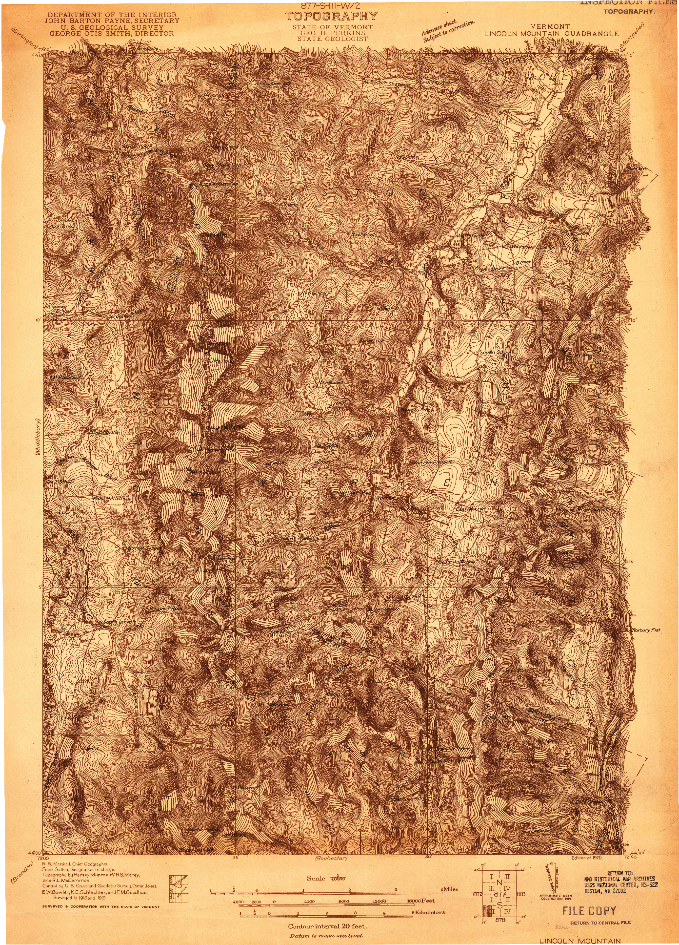 USGS 1:48000-SCALE QUADRANGLE FOR LINCOLN MOUNTAIN, VT 1920