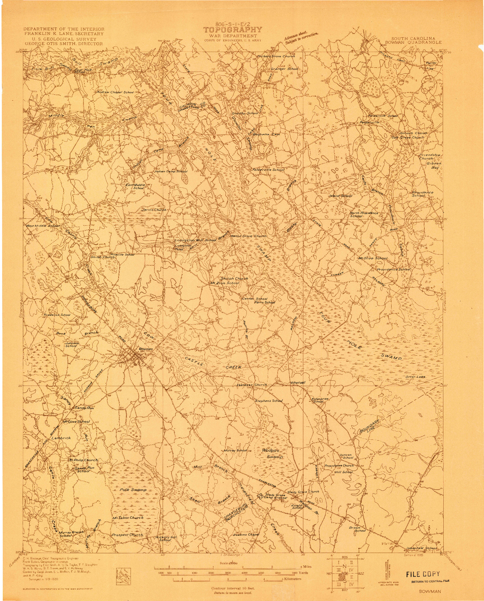 USGS 1:48000-SCALE QUADRANGLE FOR BOWMAN, SC 1920