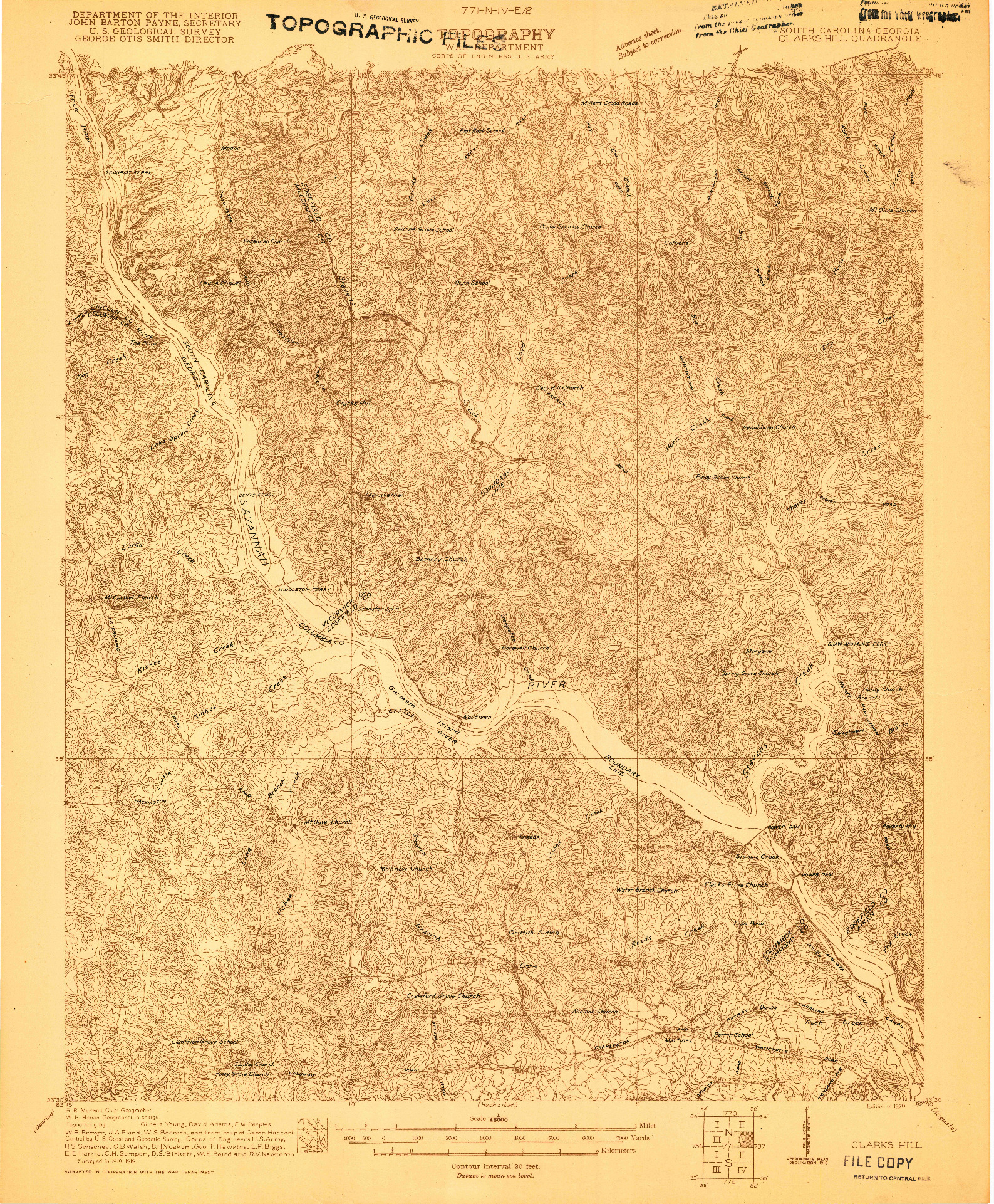 USGS 1:48000-SCALE QUADRANGLE FOR CLARKS HILL, SC 1920