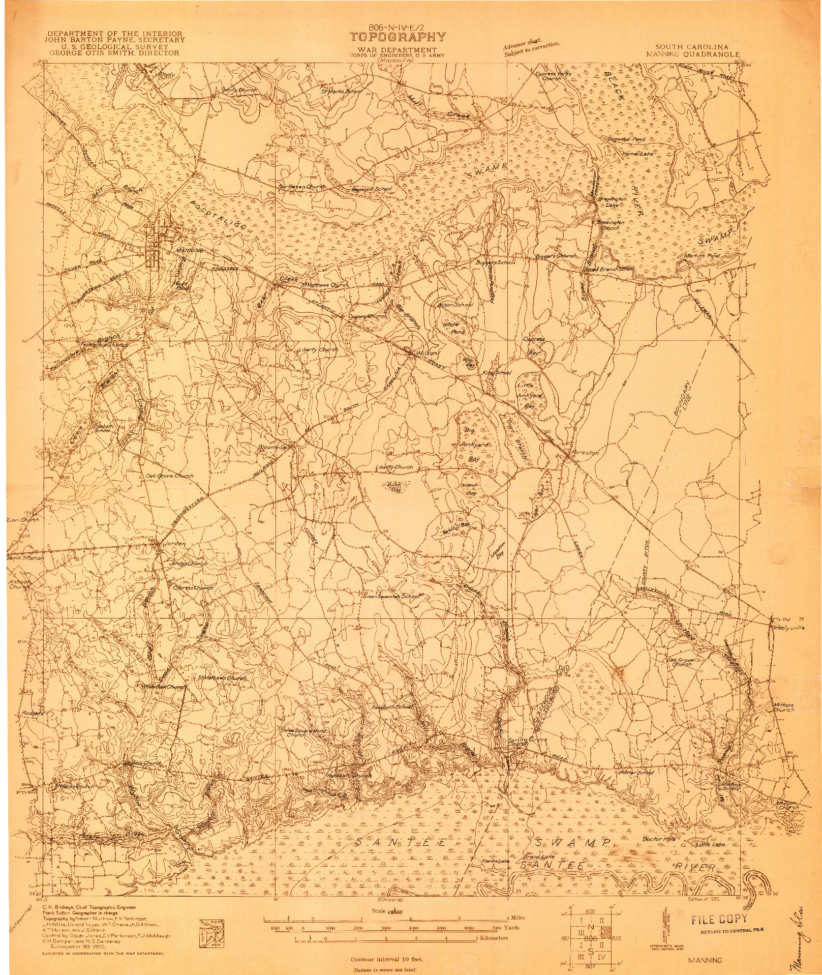 USGS 1:48000-SCALE QUADRANGLE FOR MANNING, SC 1920