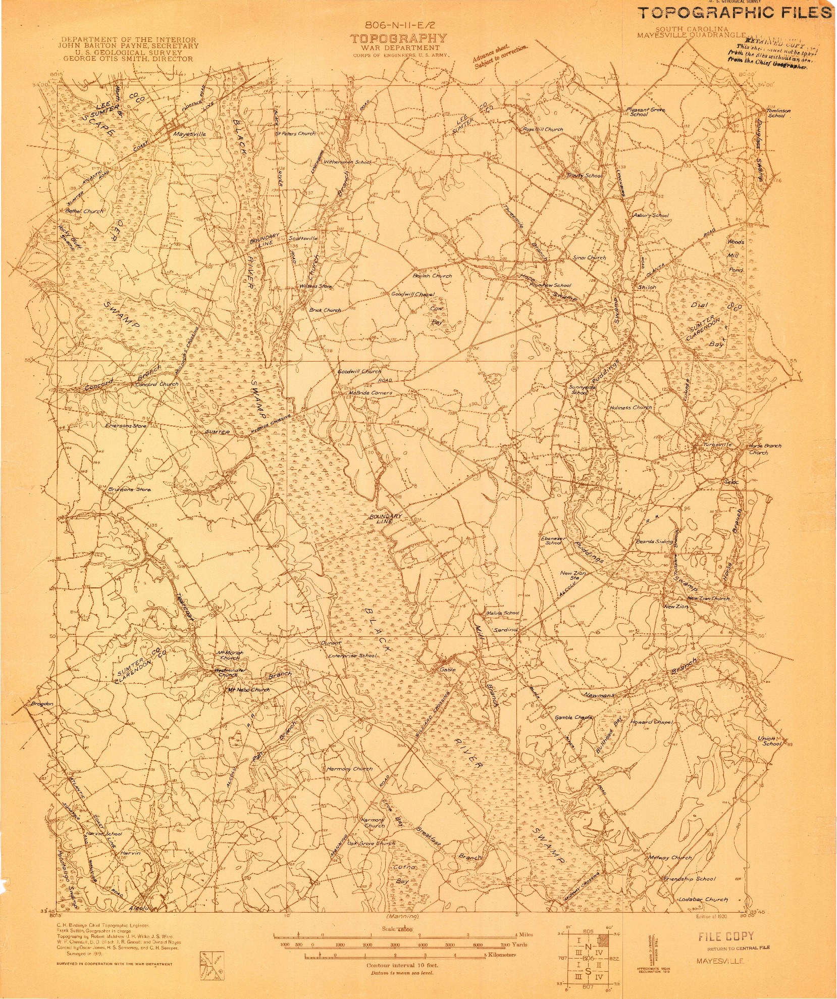 USGS 1:48000-SCALE QUADRANGLE FOR MAYESVILLE, SC 1920