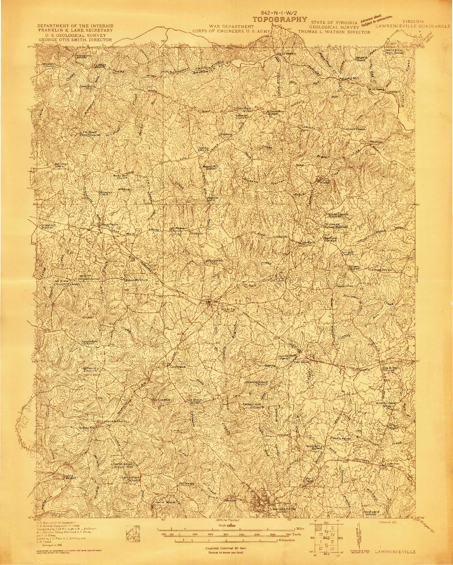 USGS 1:48000-SCALE QUADRANGLE FOR LAWRENCEVILLE, VA 1920